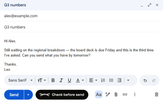 Gmail compose window, with the dark Check before send button next to Send in the bottom toolbar, addressed to alex@example.com, subject Q3 numbers.